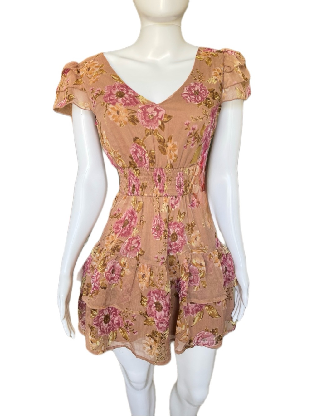 Blush Floral V-Neck Smocked Mini Dress - Pink on Tan